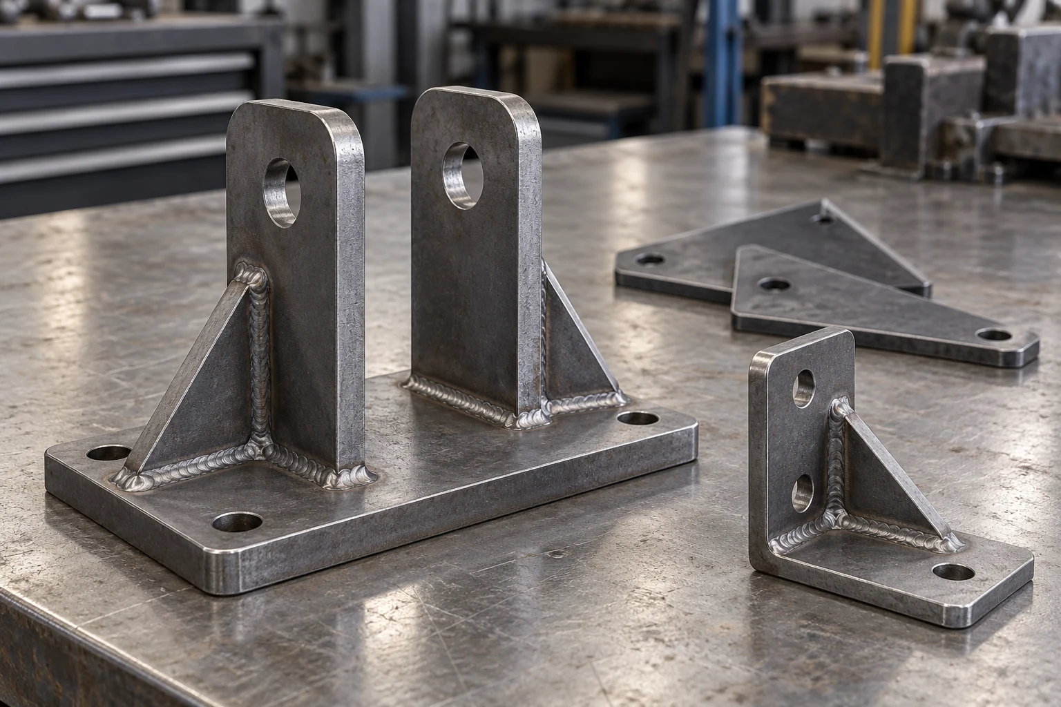 Custom steel trailer mounting brackets and welded gusset supports